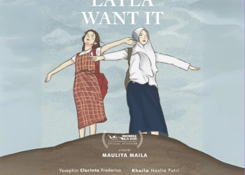 Poster film LAYLA WANT IT. Dua anak perempuan merentangkan tangan, Memakai seragam sekolah yang berbeda. Salah satunya memakai hijab.