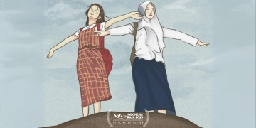 Poster film LAYLA WANT IT. Dua anak perempuan merentangkan tangan, Memakai seragam sekolah yang berbeda. Salah satunya memakai hijab.